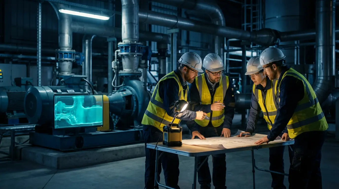 инженеры обсуждают проект насосной станции