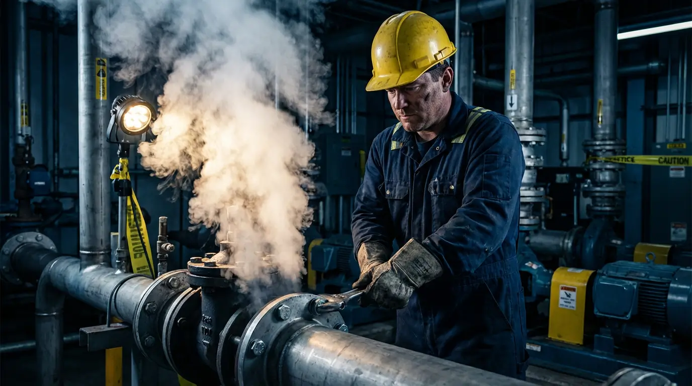 рабочий закрепляет соединение с паром от оборудования